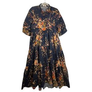 Natural Life Large Floral Tiered Midi Dress Black Boho Cottagecore Pockets